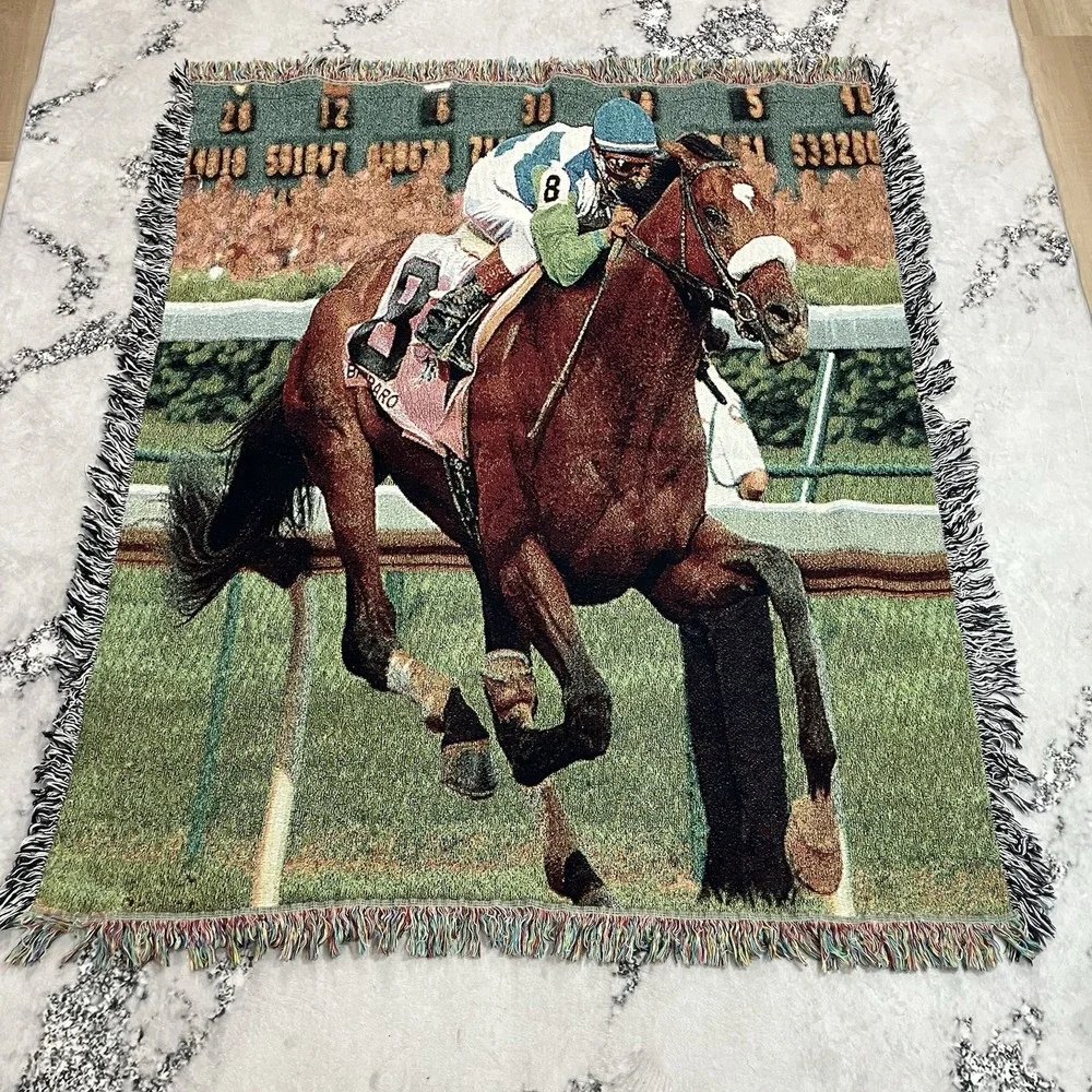 Horse Racing Tapestry Throw Blanket Jockey Thoroughbred Equestrian Woven Fringe